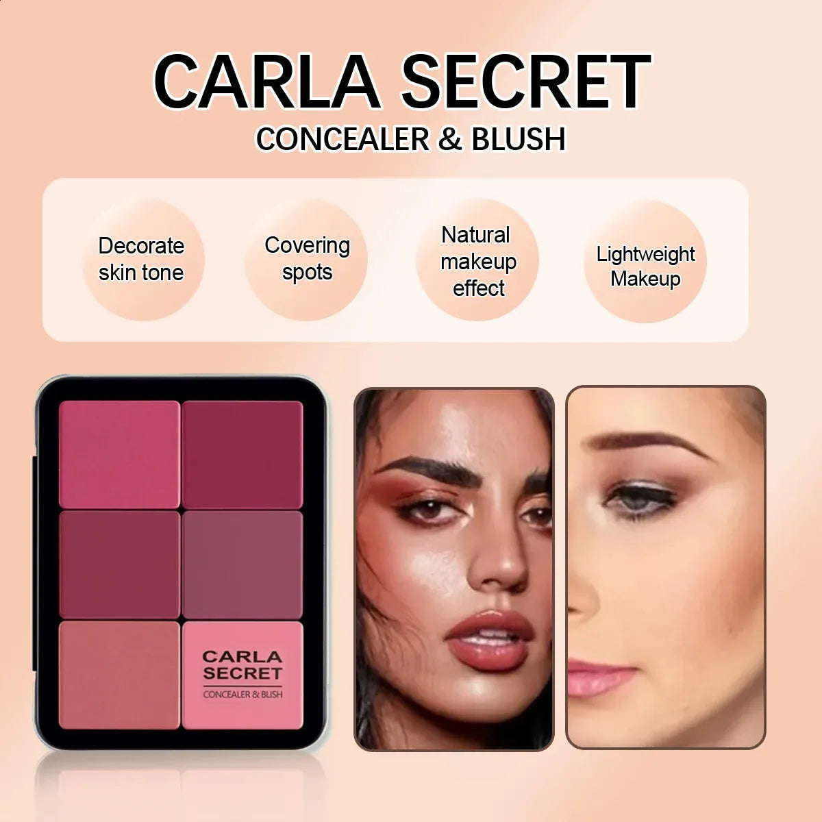 Makeup palette with shades suitable for concealing, contouring, and blush application