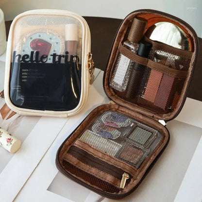 Clear mini travel makeup organizer bag with zipper closure