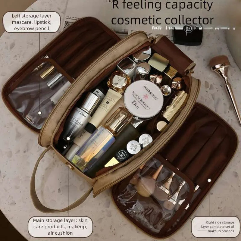 Makeup bag interior with multiple compartments for cosmetic storage