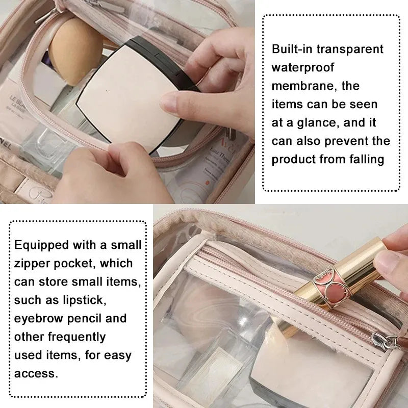 Transparent double-layer makeup bag showing interior compartments for organization