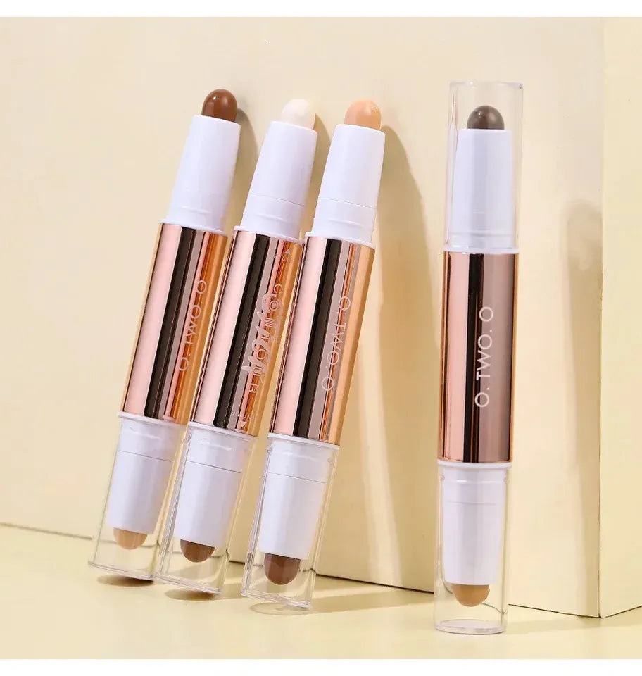 Dual-ended makeup stick showing contour shade on one end and highlight shade on the other