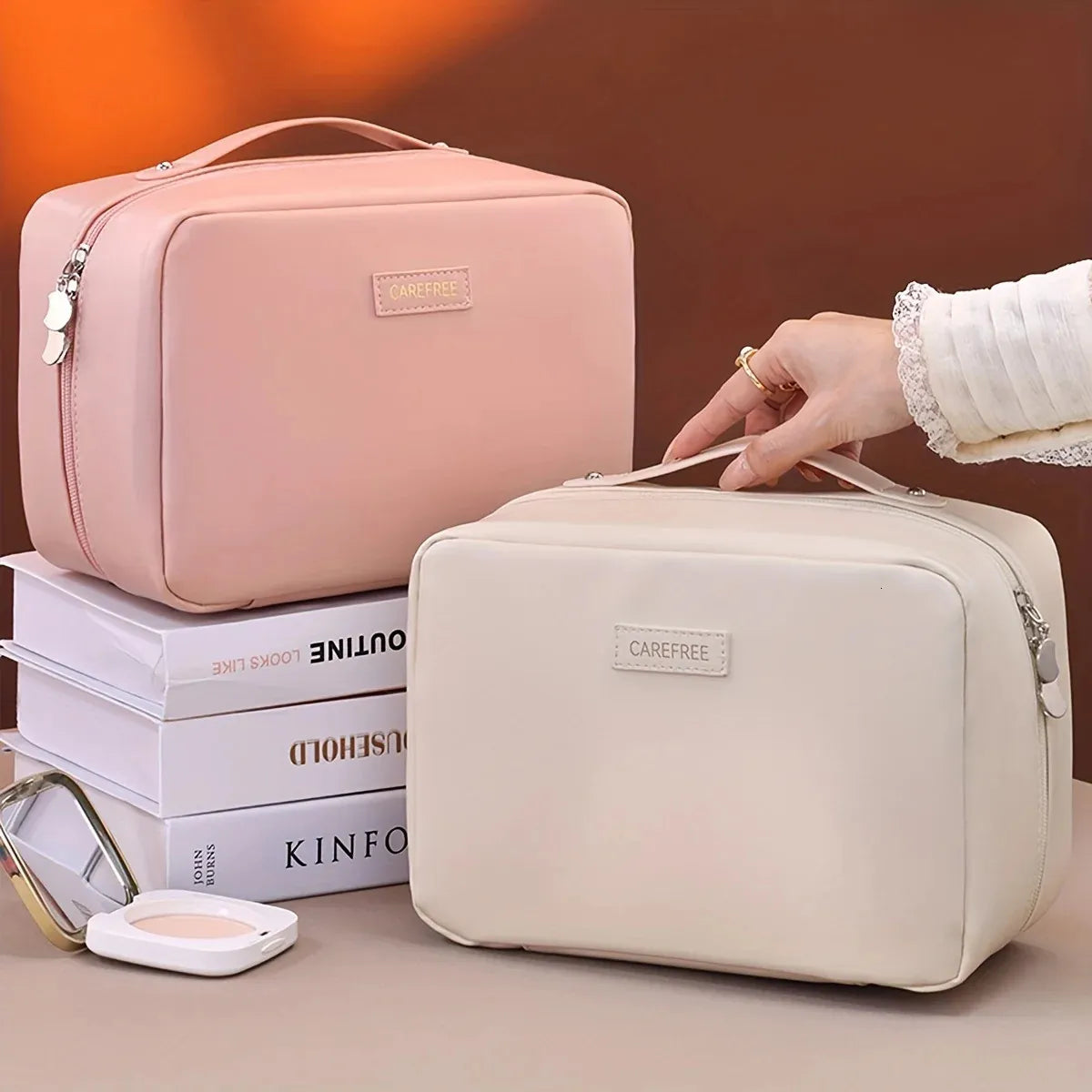 Front view of flame pattern cosmetic storage bag with double zipper