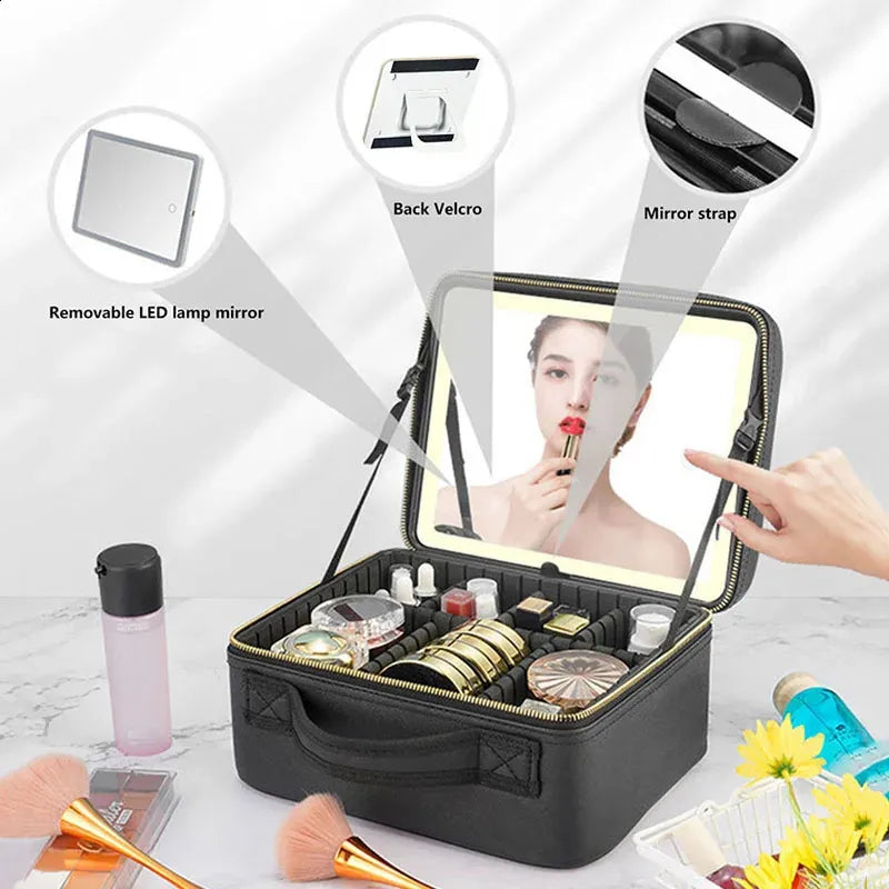 Interior view of makeup case with organized storage sections