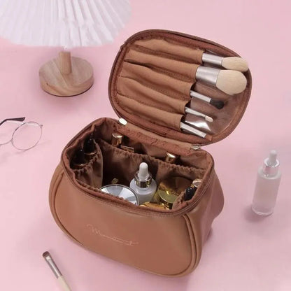 Interior view of cosmetic organizer showing multiple compartments for storage