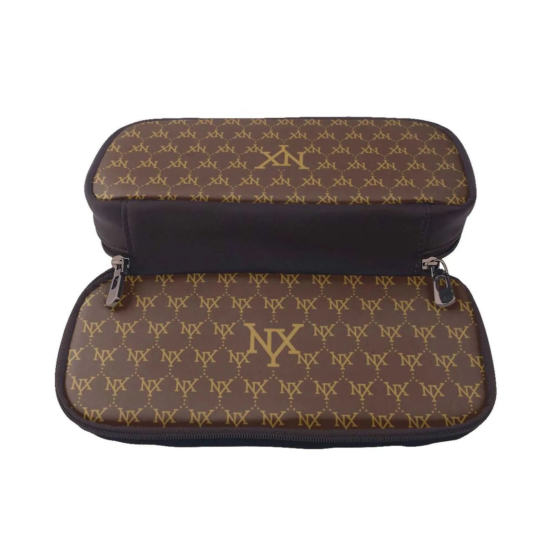 Designer cosmetic bag in brown color with zipper closure