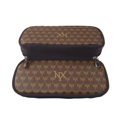 Designer cosmetic bag in brown color with zipper closure