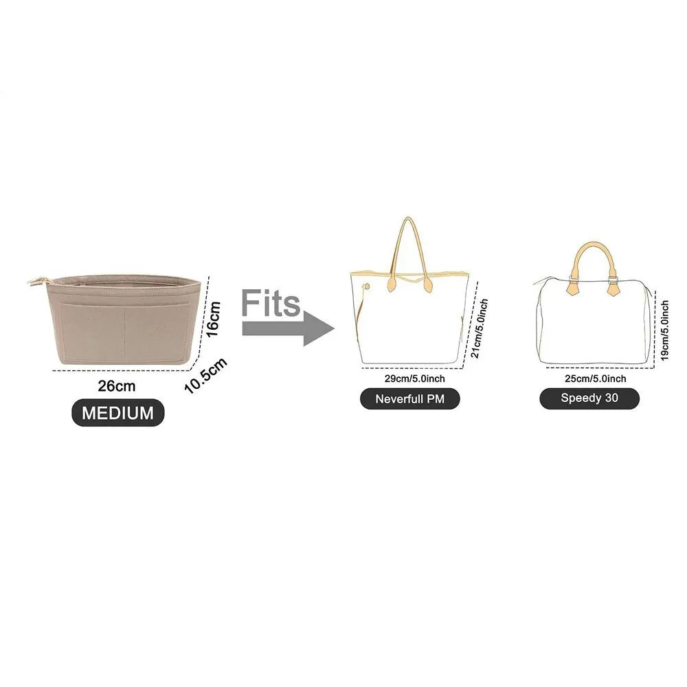 Felt tote insert organizer shown in black color with compartments open