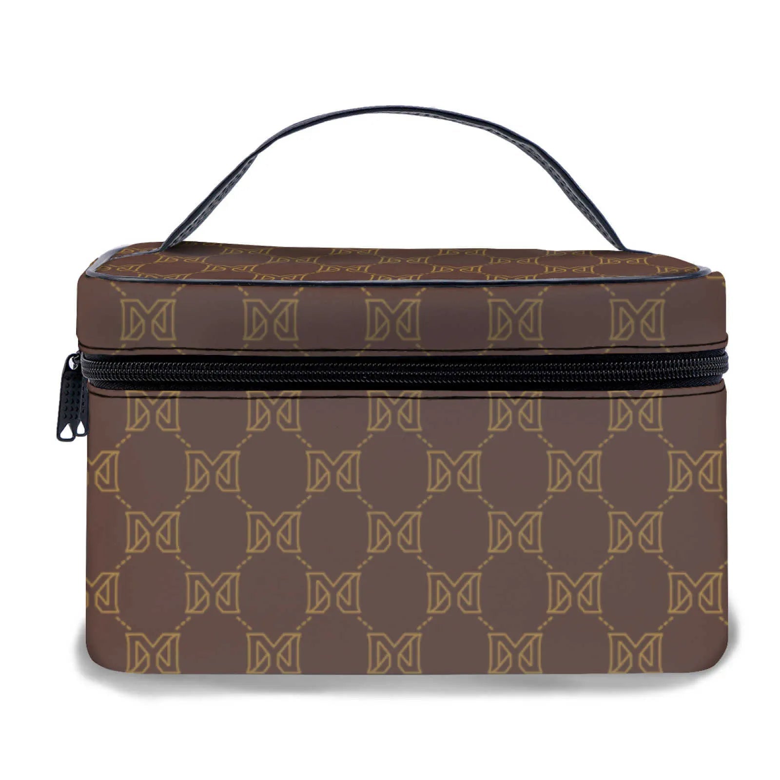Quilted cosmetic travel organizer bag with zipper closure in neutral brown color