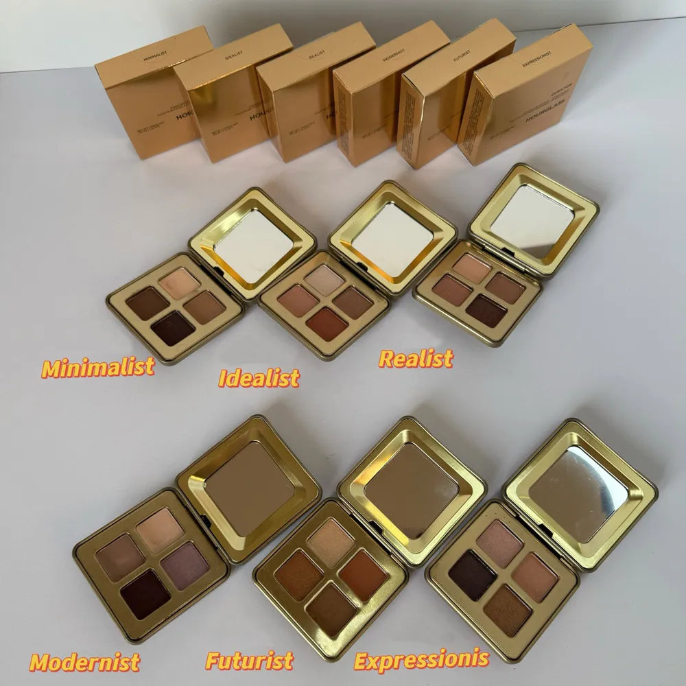 Hourglass-shaped eyeshadow palette with four color pans open on a neutral surface