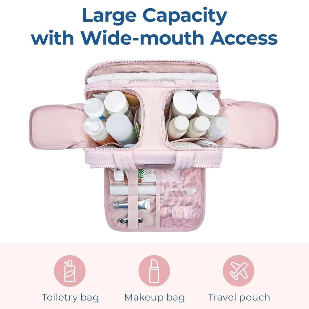 Quilted cosmetic bag showing interior organization features