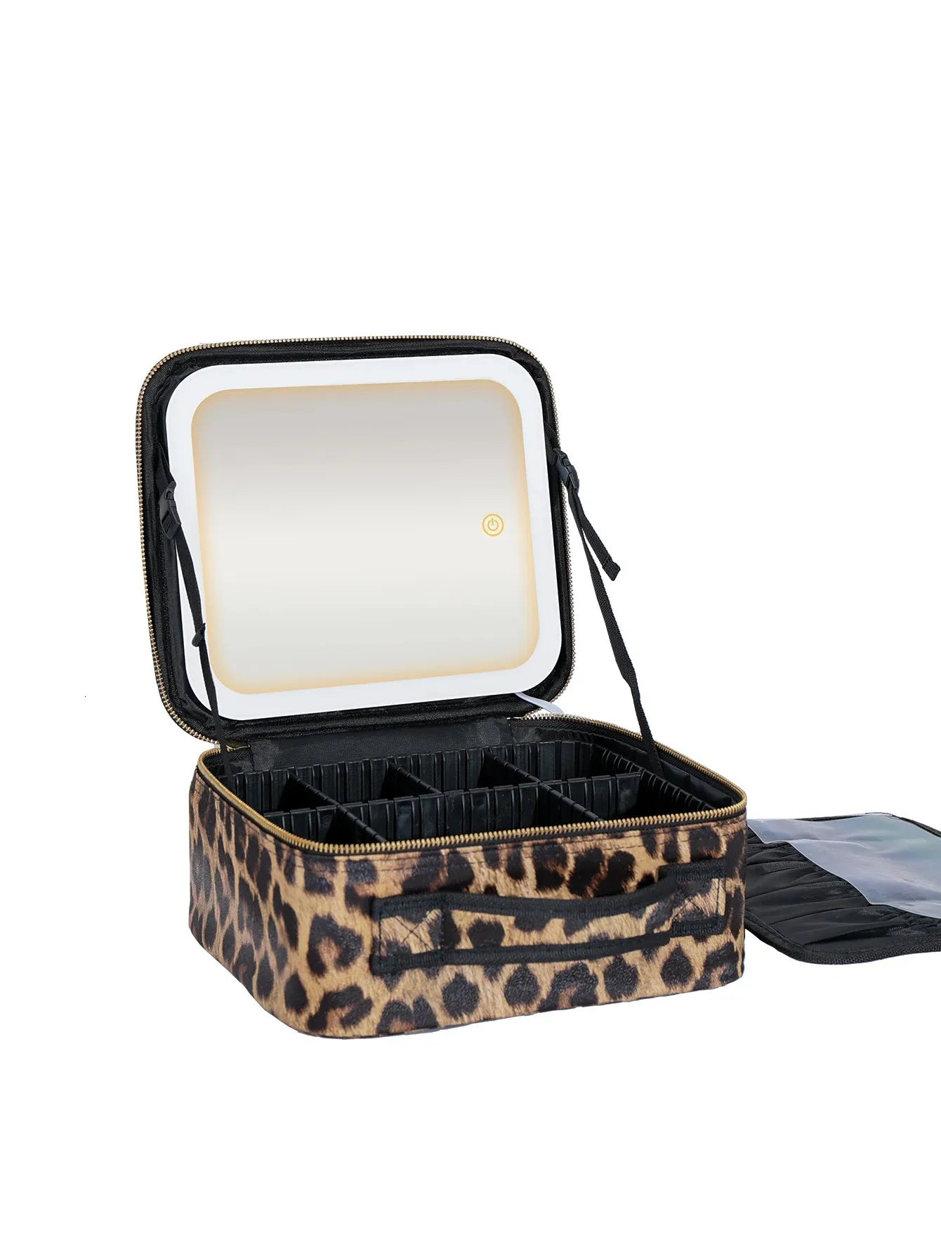 Leopard print makeup bag with open compartments showing interior organization