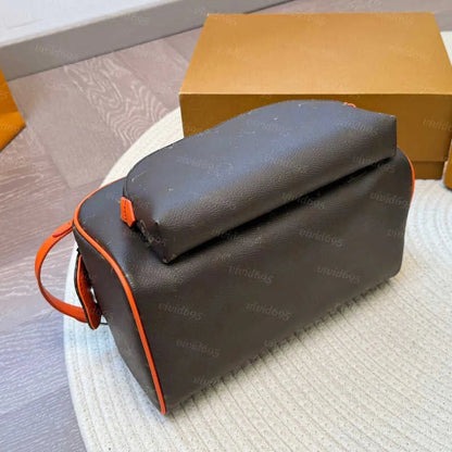 Front view of a large cosmetic bag with double zipper closure