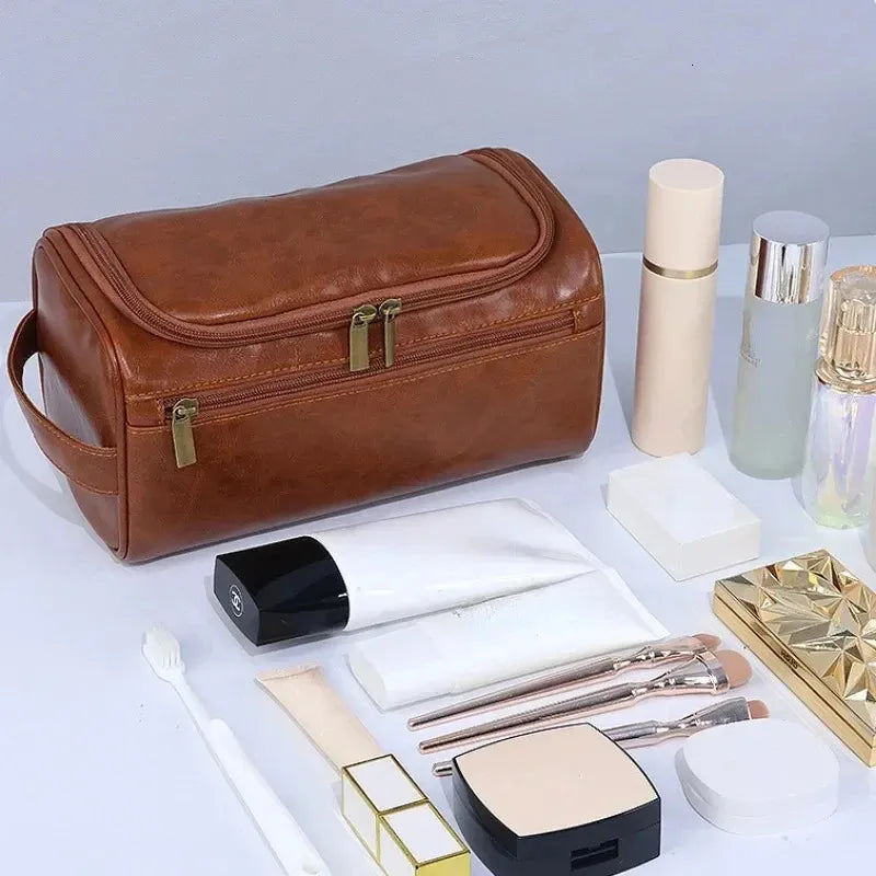 Close-up view of leather toiletry bag with hanging hook and zipper