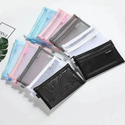 Pencil case filled with various stationery items for size demonstration
