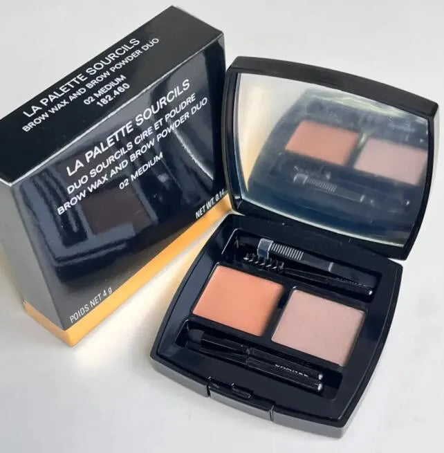 Application of eyebrow powder using included brush on hand swatch