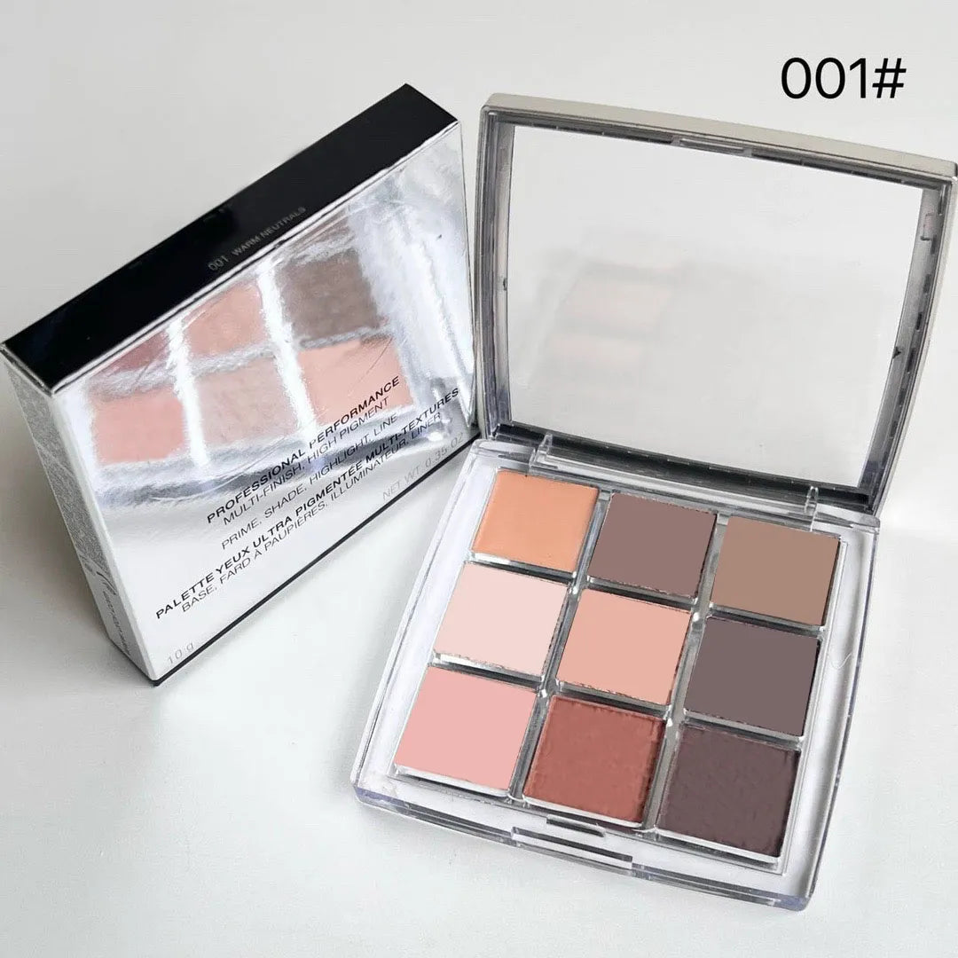 Close-up of eyeshadow palette with high-pigment colors in various finishes
