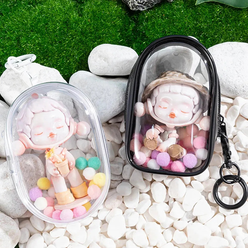 Open clear PVC pouch showing interior space for mini plush dolls