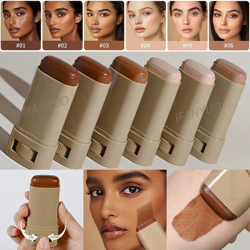 Cream foundation stick in multiple color shades displayed on a neutral background