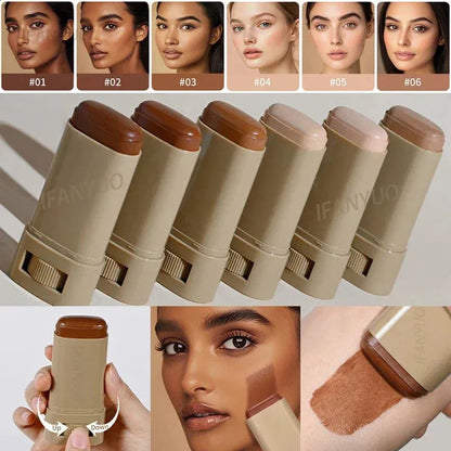 Cream foundation stick in multiple color shades displayed on a neutral background