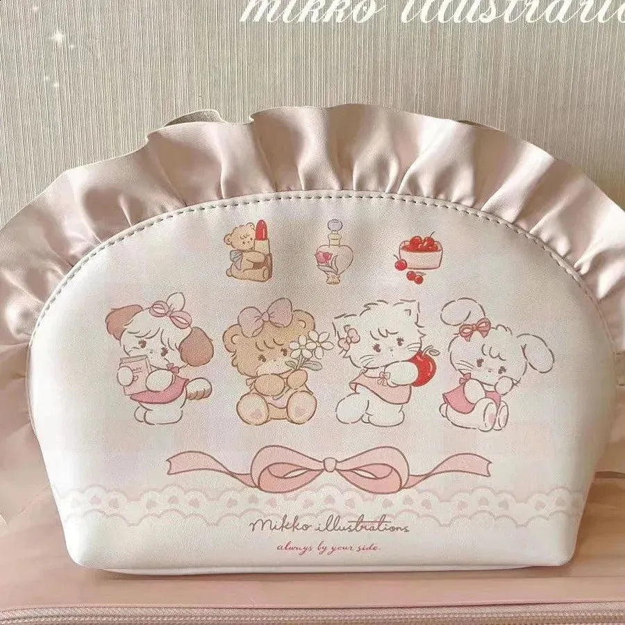 Side angle of cosmetic bag demonstrating compact size and zipper closure