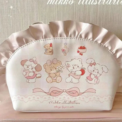 Side angle of cosmetic bag demonstrating compact size and zipper closure