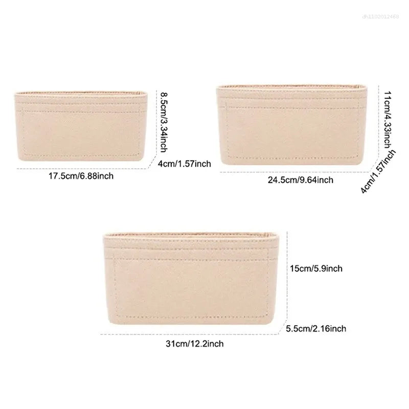 Black felt organizer placed inside a handbag to demonstrate fit and use