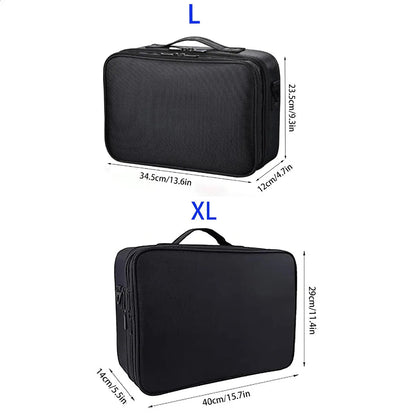 Side view of the portable makeup case with shoulder strap attached