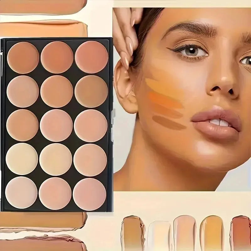 Hand holding open concealer compact showing various options inside