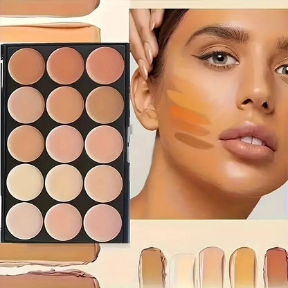 Hand holding open concealer compact showing various options inside