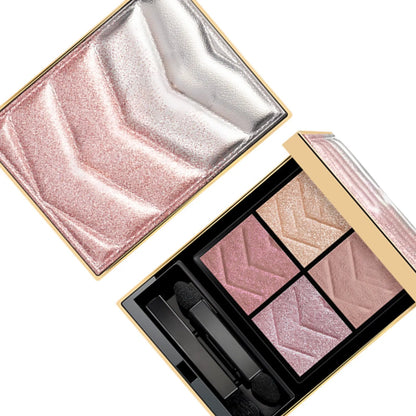 Swatch demonstration showing blendable pigmentation of four eyeshadow colors