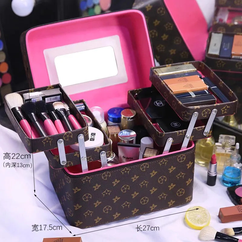 Portable makeup bag with mirror open showing interior compartments