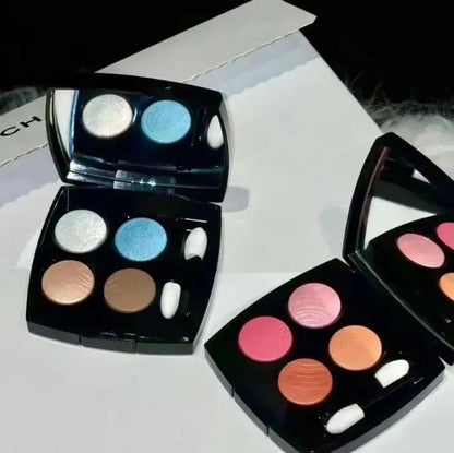 Close-up view of eyeshadow palette showing texture and colors