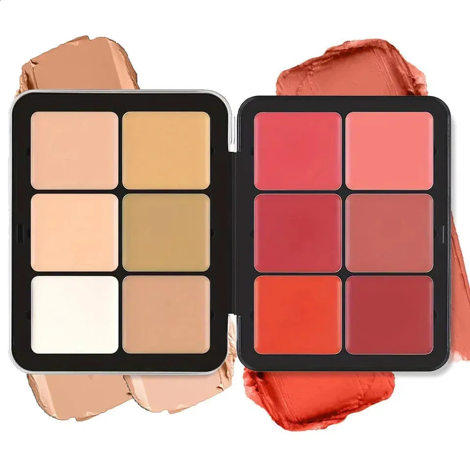 Open makeup palette showing 12 cream shades arranged in rows