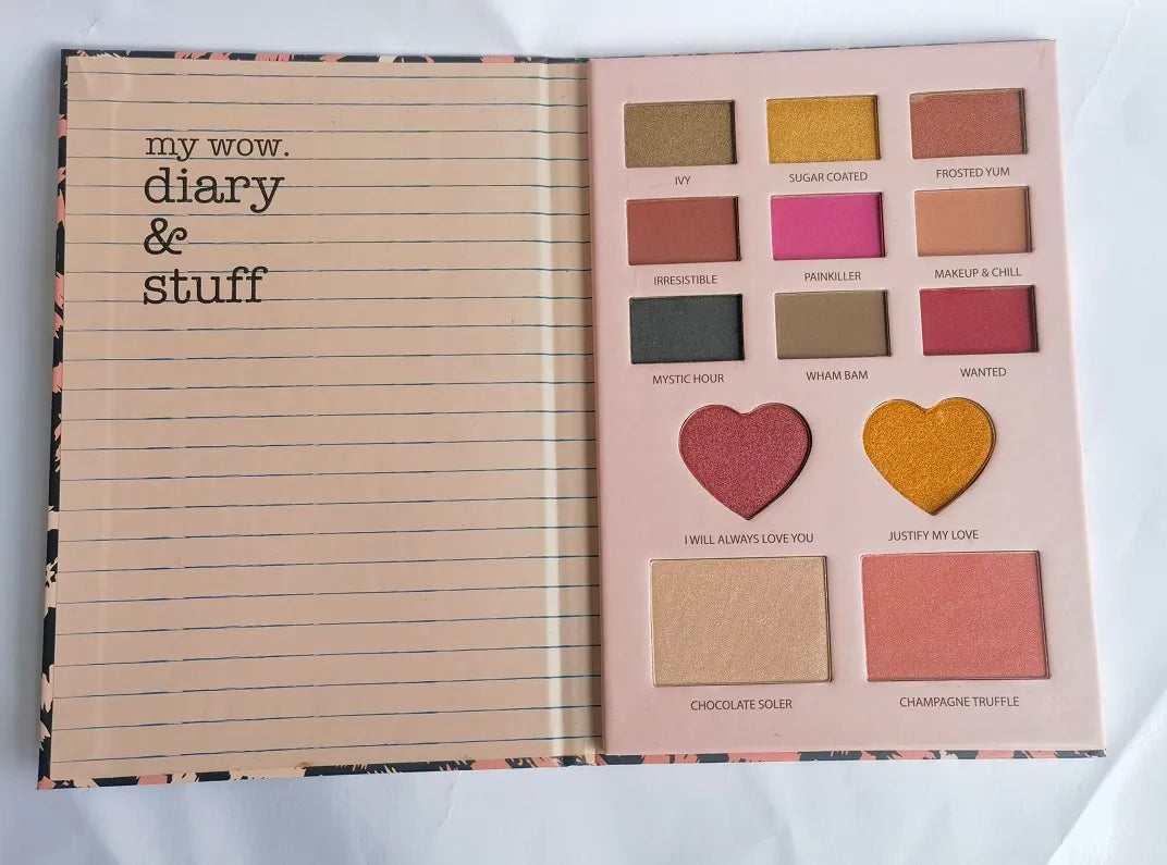 Eye shadow palette showing nine colors and two blush powders arranged in a compact case