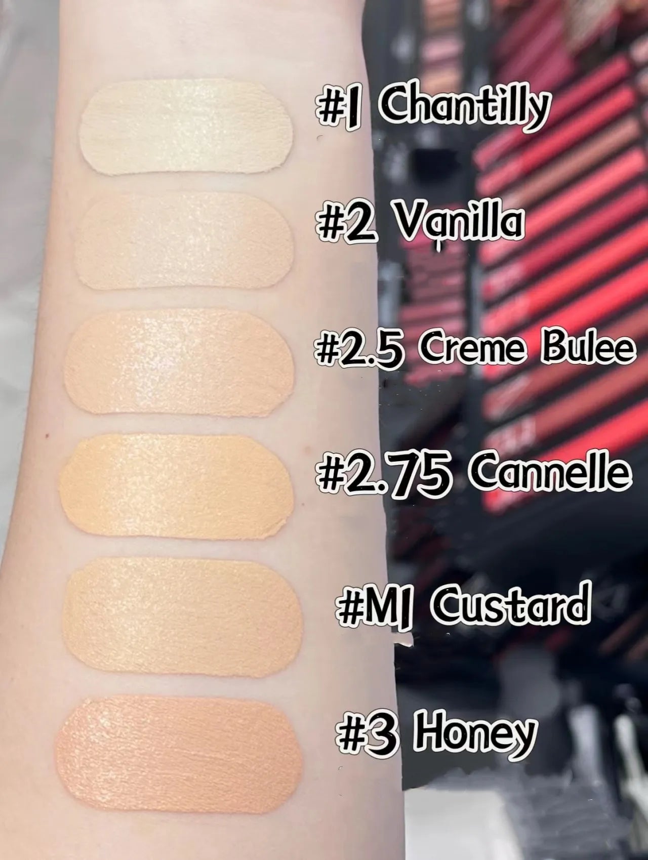 Swatches showing multiple shade options of the liquid concealer