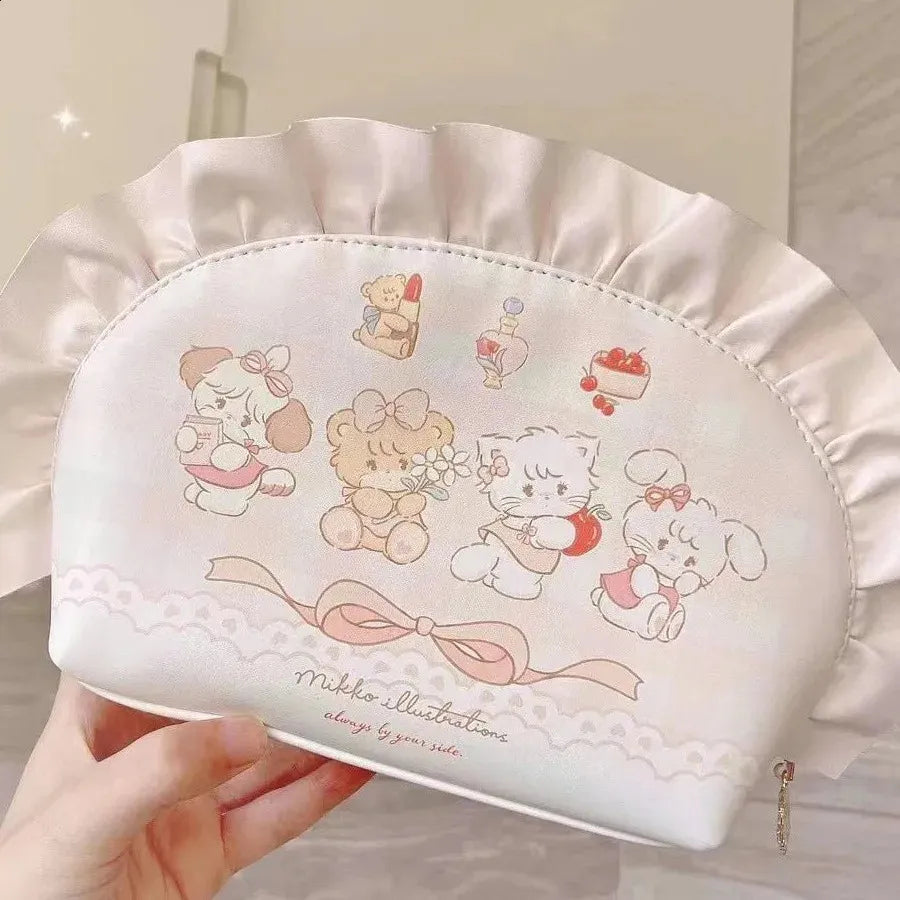 Open cosmetic bag showing interior compartments and storage capacity