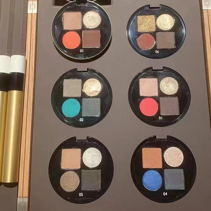 Four-color eyeshadow palette with glitter and matte finishes in earth tones