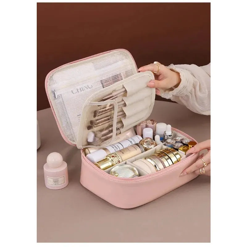 Open view of the tote displaying multi-purpose storage for vanity items