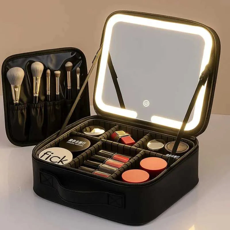 LED illuminated travel makeup case with mirror open showing interior compartments