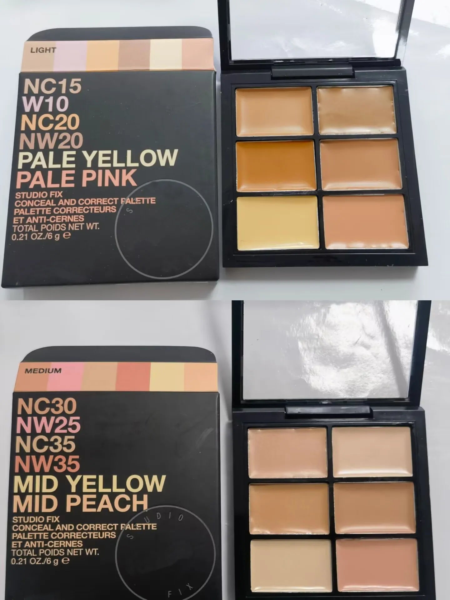 Open makeup palette showing six different concealer shades arranged in rectangular pans