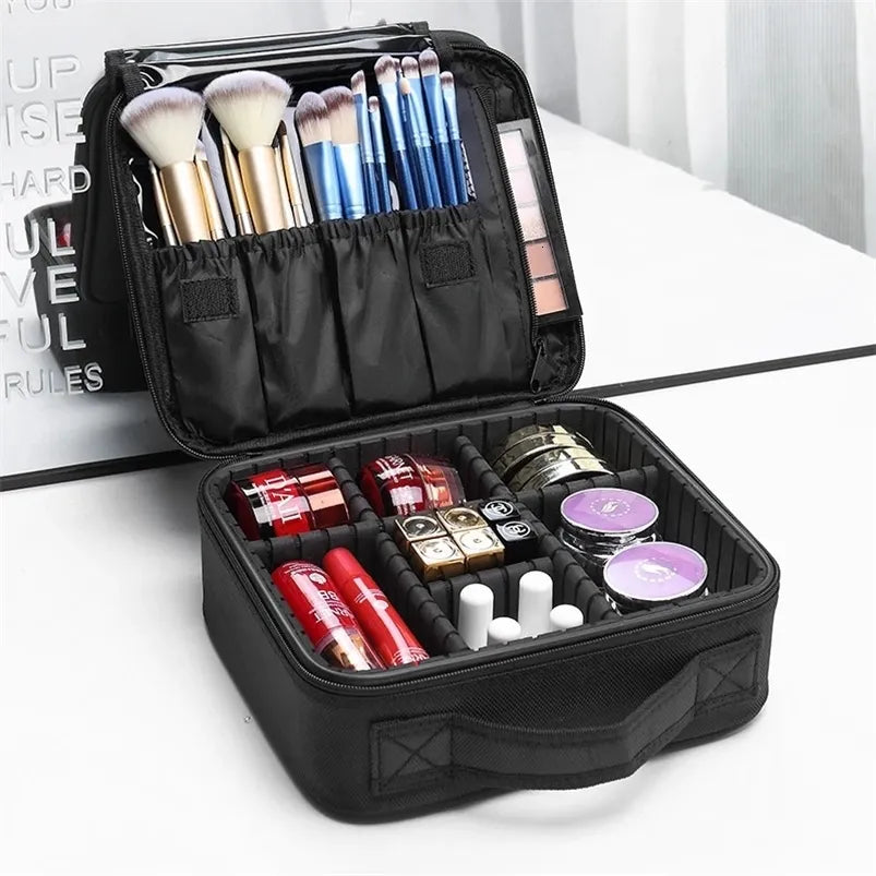 Waterproof makeup bag with brush compartment open showing interior organization