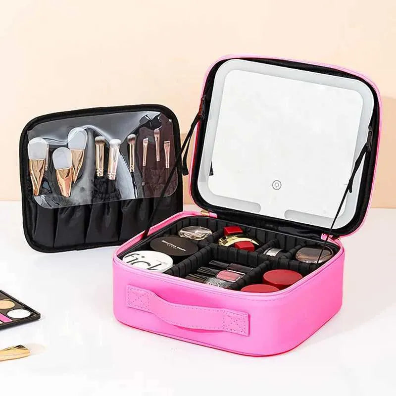LED illuminated travel makeup case with mirror open showing interior compartments
