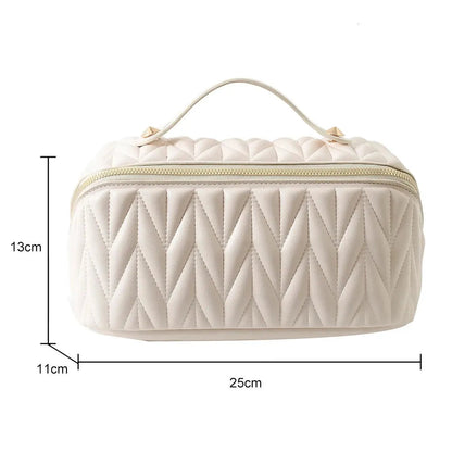 Side perspective of the lightweight travel makeup storage pouch