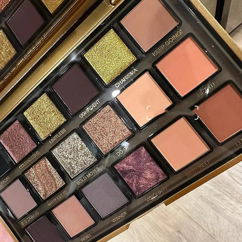 Eyeshadow palette open display with 18 complementary color options