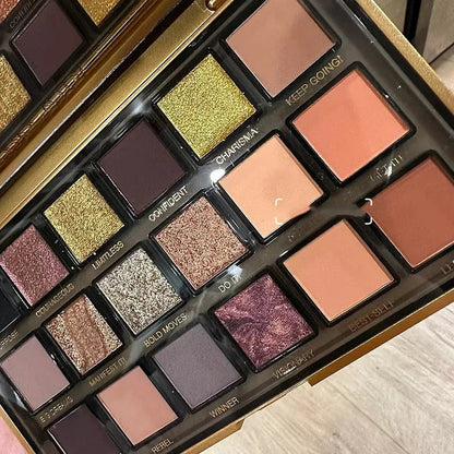 Eyeshadow palette open display with 18 complementary color options