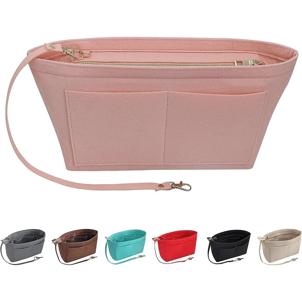 Felt tote insert organizer shown in black color with compartments open