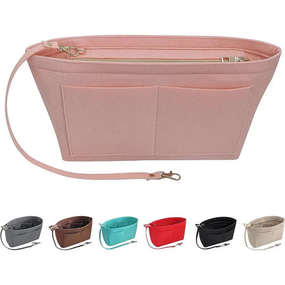 Felt tote insert organizer shown in black color with compartments open