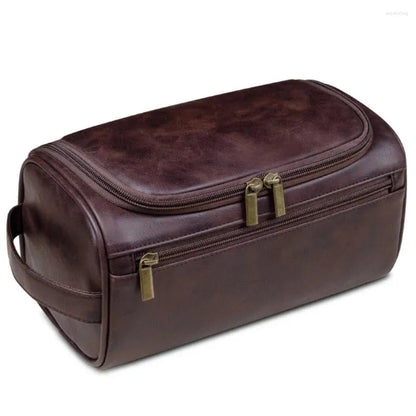 Durable PU leather toiletry bag in black color with hanging hook