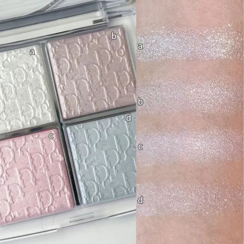 Four-color eyeshadow palette showing embossed design with matte and glitter finishes