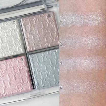 Four-color eyeshadow palette showing embossed design with matte and glitter finishes